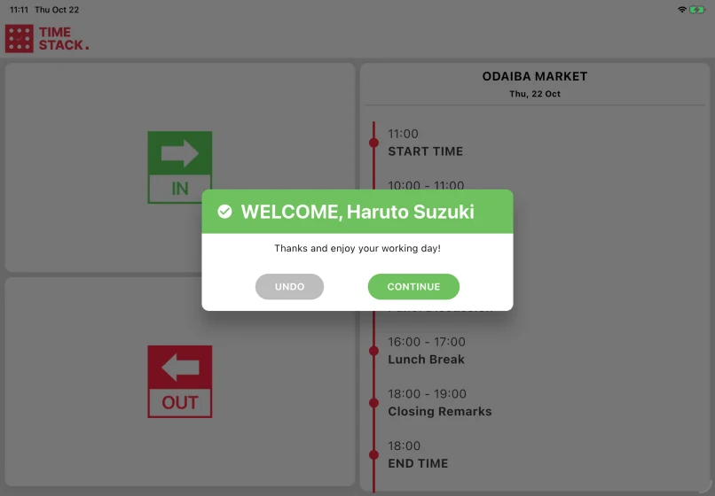 Time Stack · Time Stack staff check-in. Demonstration data.